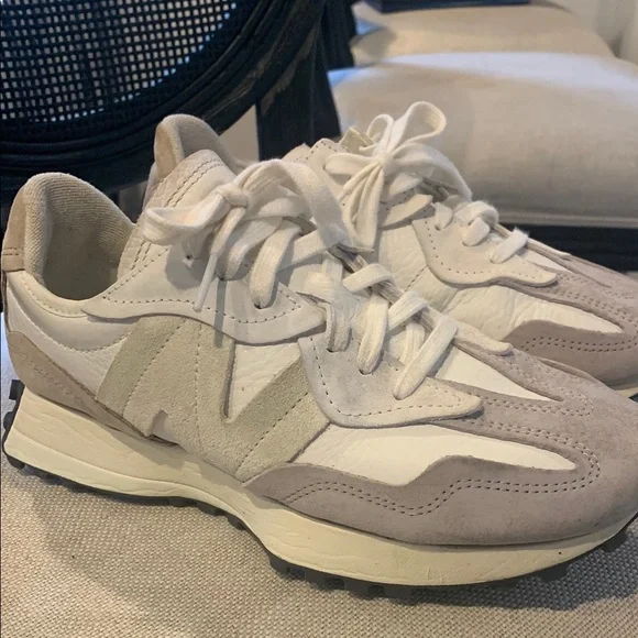 New Balance White and Taupe Sneakers - Picture 2 of 7